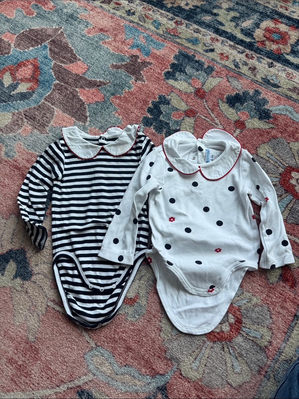 Jacadi- Striped and Polka Dot Peter Pan Collar Baby One-Piece (Black & White)